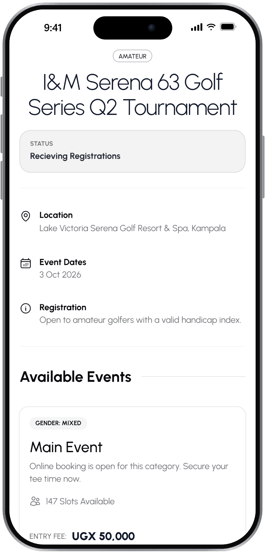 Booking page for the I&M Serena 63 Golf Series in the GolfThru18 app