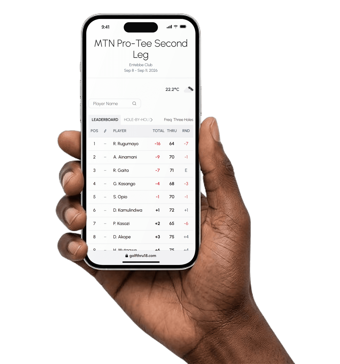 A hand holding a phone showing the live GolfThru18 leaderboard for the MTN Pro-Tee Second Leg