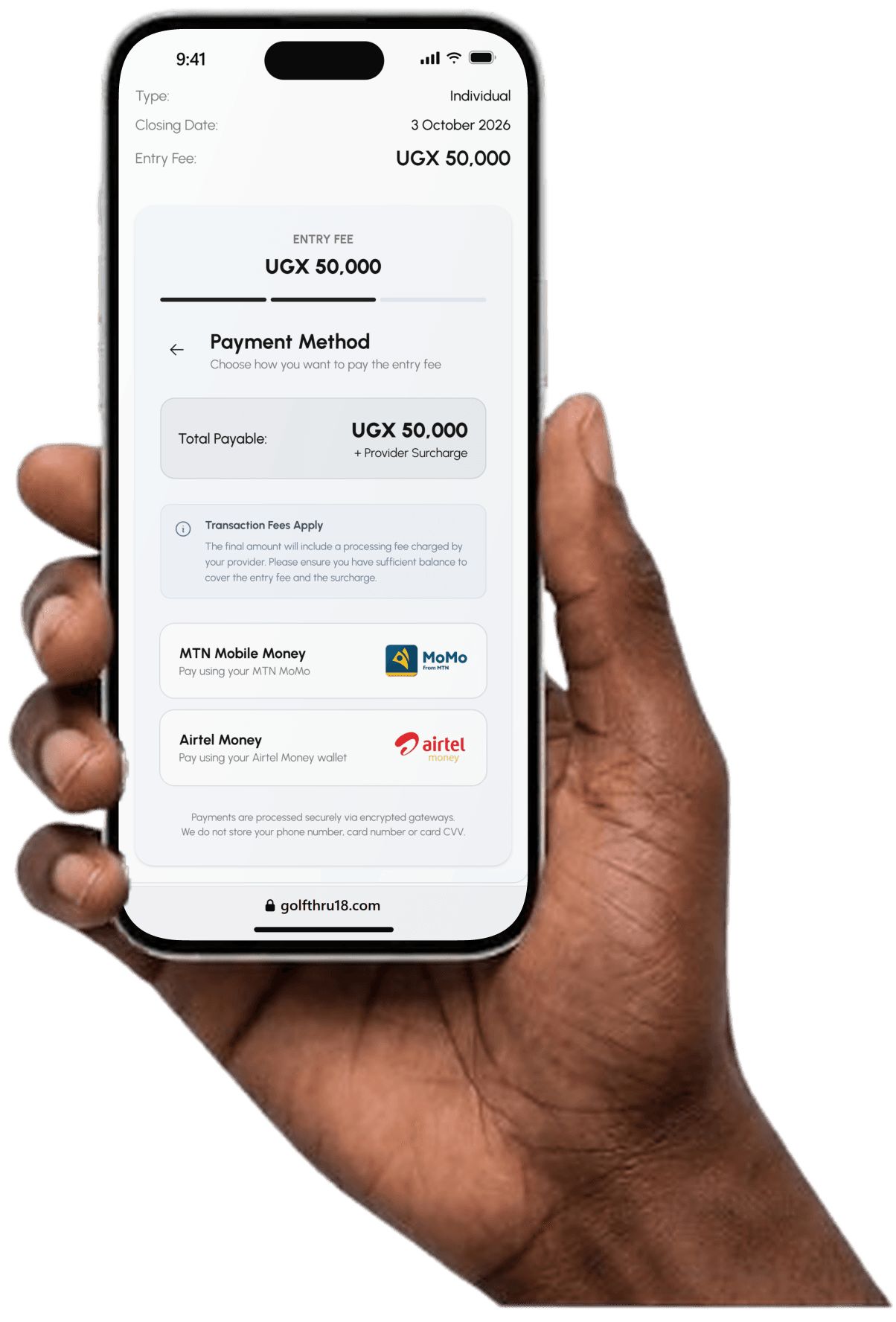 A hand holding a phone on the GolfThru18 payment step, paying the entry fee with MTN MoMo or Airtel Money
